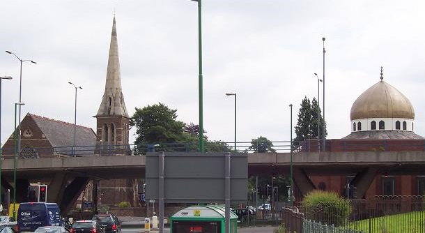 Church and mosque side by side, Birchfield. See Photo Credits.