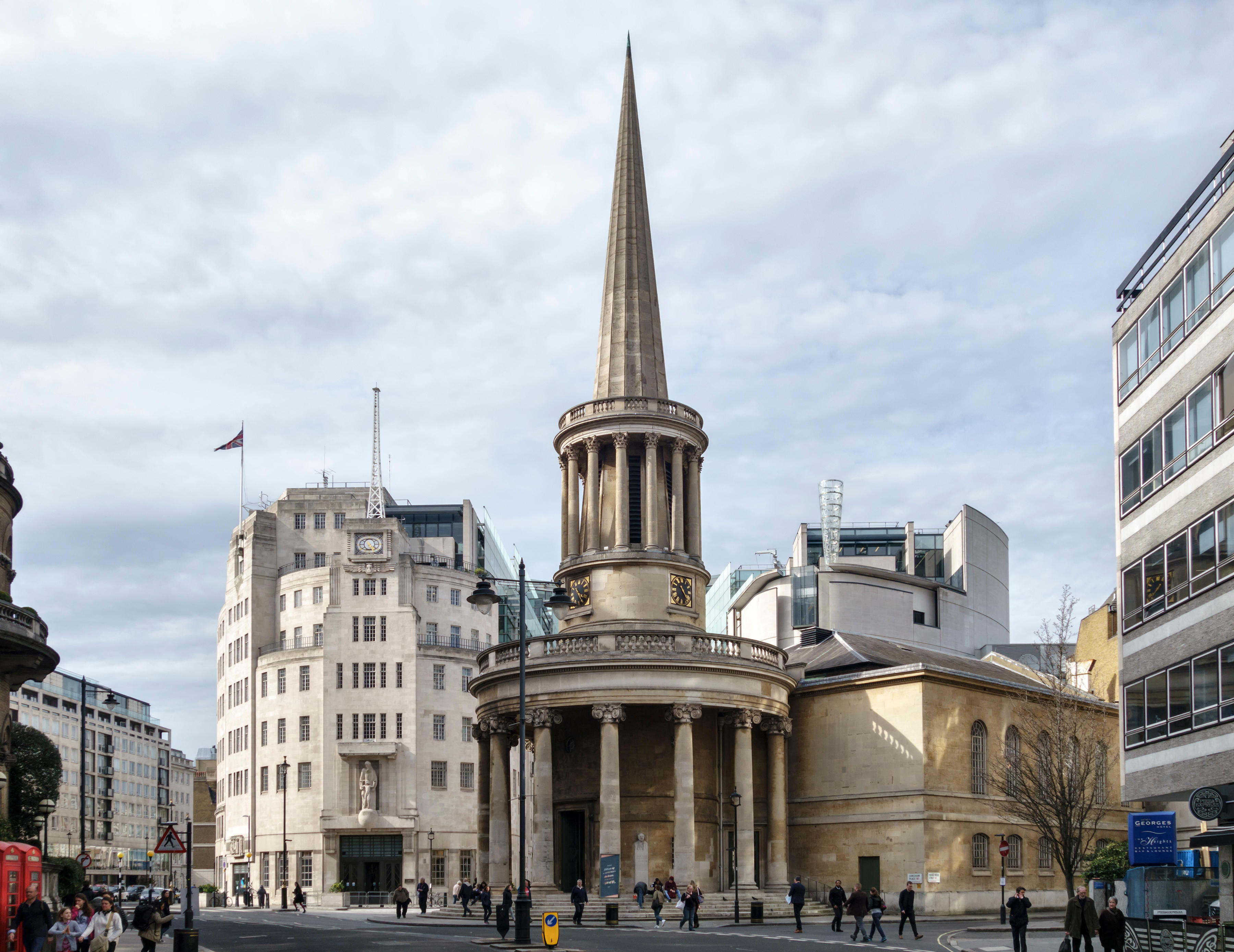 All Souls Church, London. Behind it stands the former BBC HQ (pic c/o Alamy)