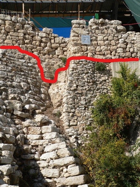 Remains of Nehemiah’s wall (above red line), built on the ruins of the wall destroyed by Babylonians (image by David Longworth, author)