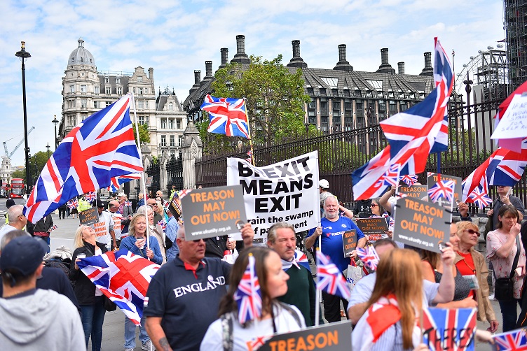 Pro-Brexit protesters outside Downing Street, last week. See Photo Credits.